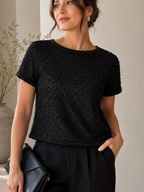 Victoria Royal Ltd Black Short-Sleeve beaded Textured Knit Tee 12